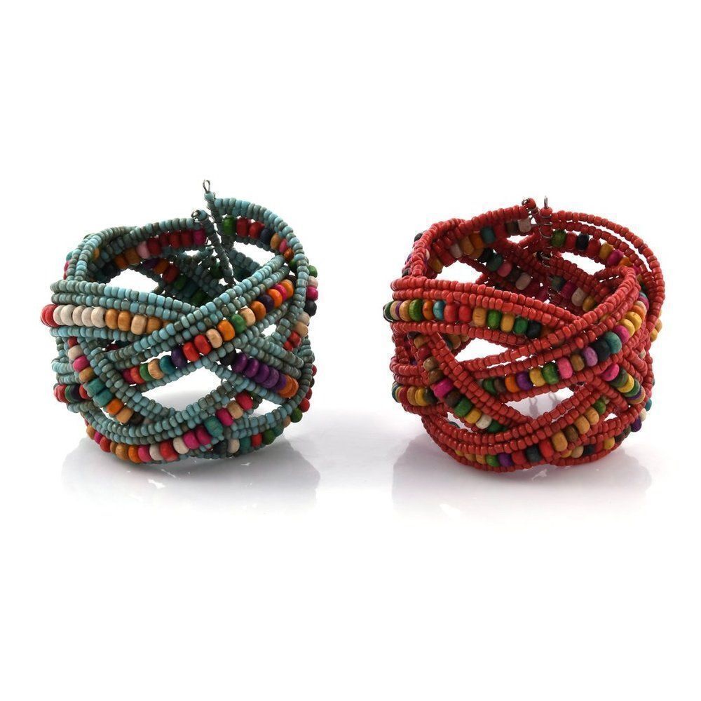 Multi Color Glass Bead & Wooden Beaded Set of 2 Cuff Bracelets